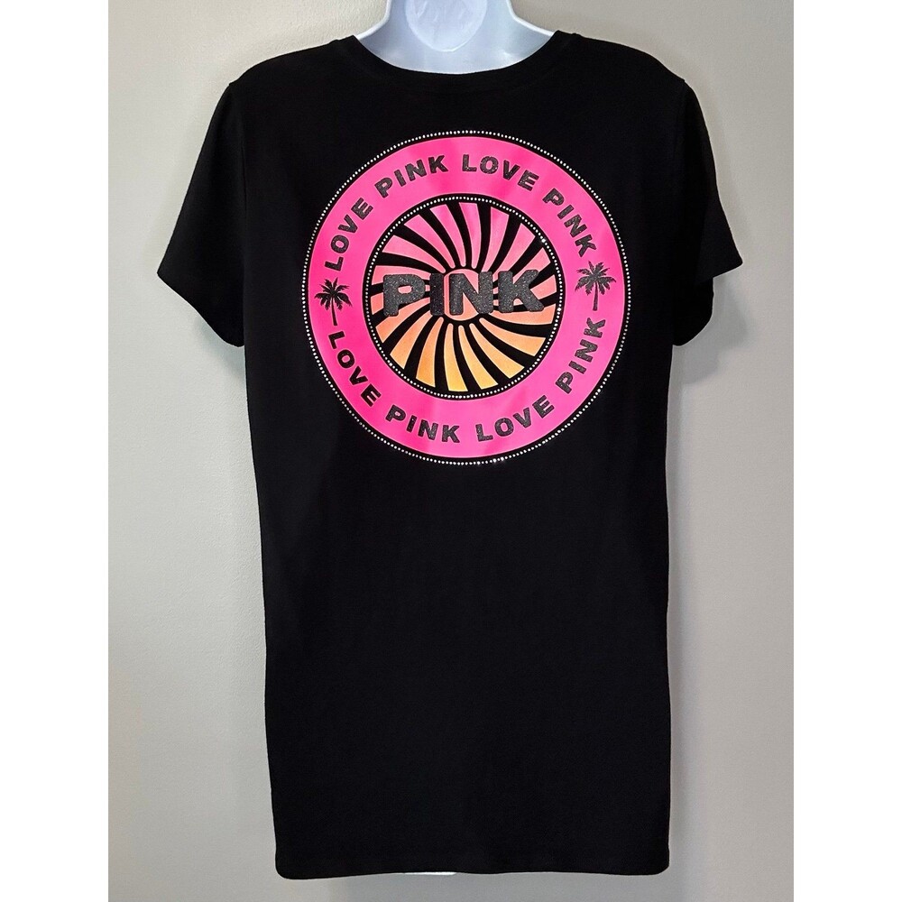 VS PINK Everyday Crew Black Perfect Tee Tropical Shine Bling Neon